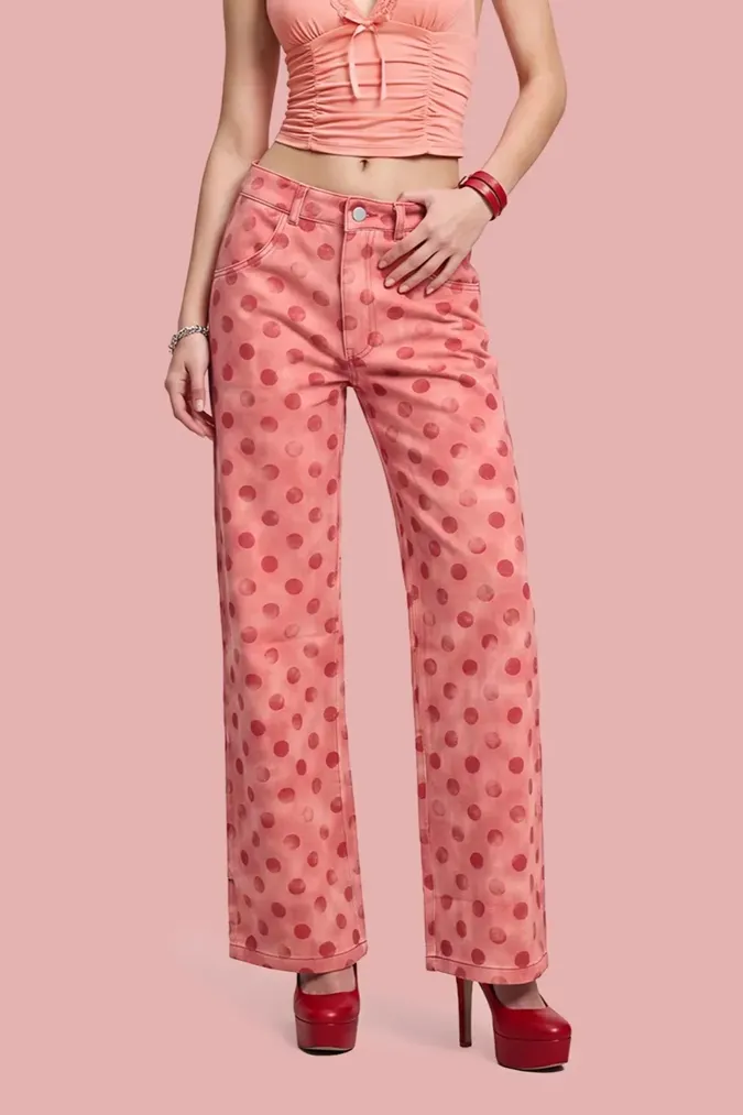 Pink Polka Dot High-Rise Jeans - Image 1