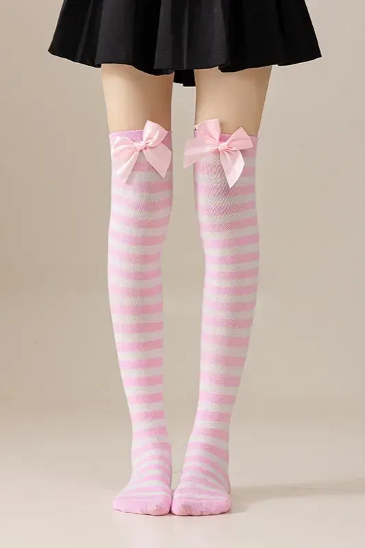 Light Pink Striped Bow Stockings - Image 1
