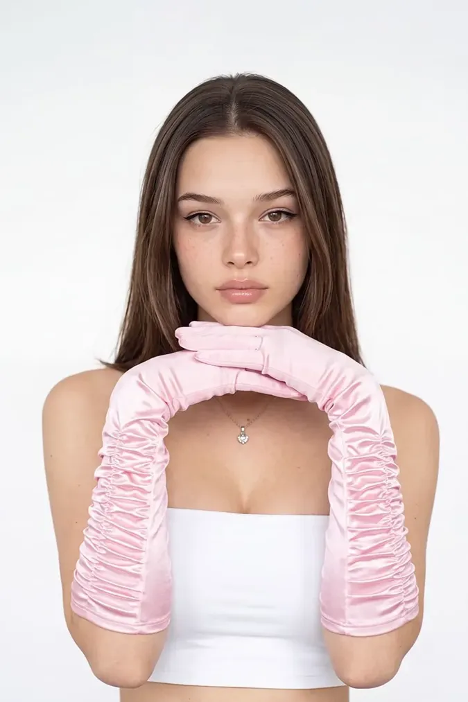 Light Pink Ruched Solid Gloves - Image 1