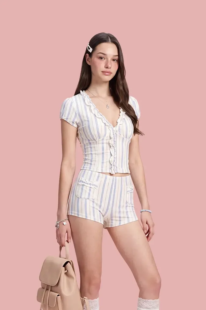 White Striped Ruffled Co-Ords Set - Image 1
