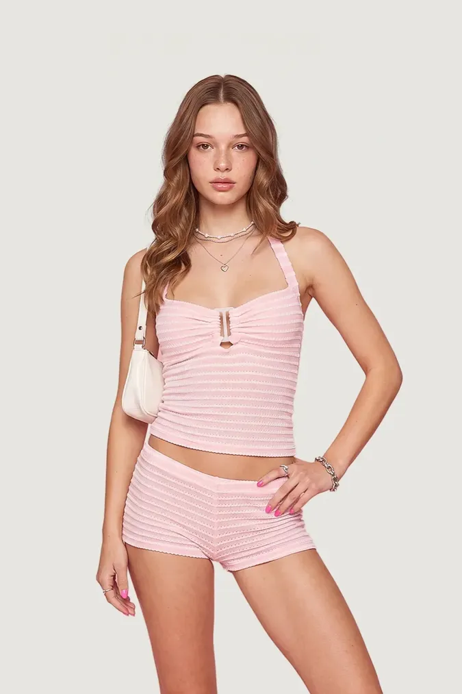 Light Pink Striped Crochet Co-Ords Set - Image 1