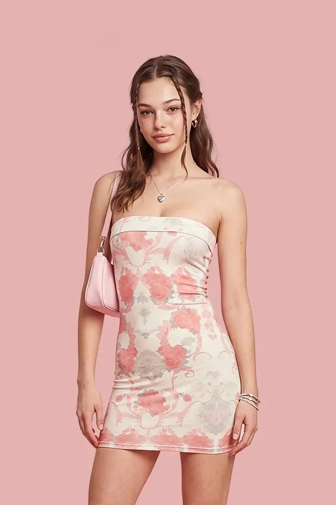 Cream Floral Mini Tube Dress - Image 1