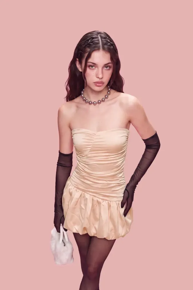 Beige Ruched Tube Mini Dress - Image 1