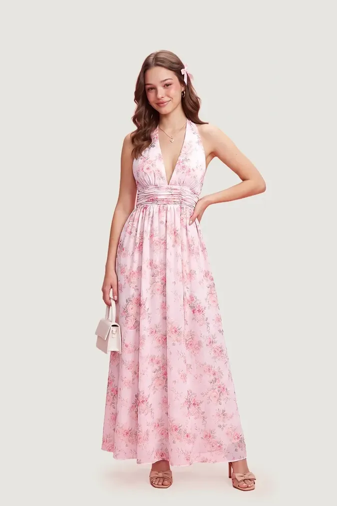 Light Pink Floral Halter Maxi Dress - Image 1