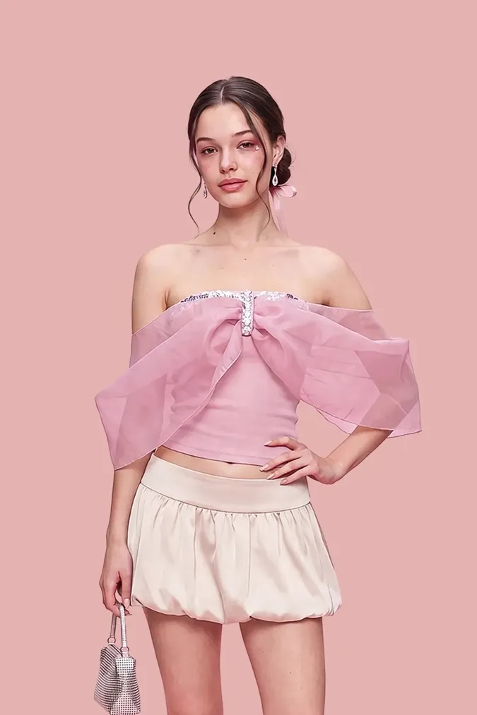 Light Pink Off-Shoulder Crop Top - Image 1