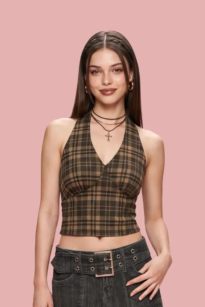 Dark Brown Plaid Lace Crop Top - Image 1