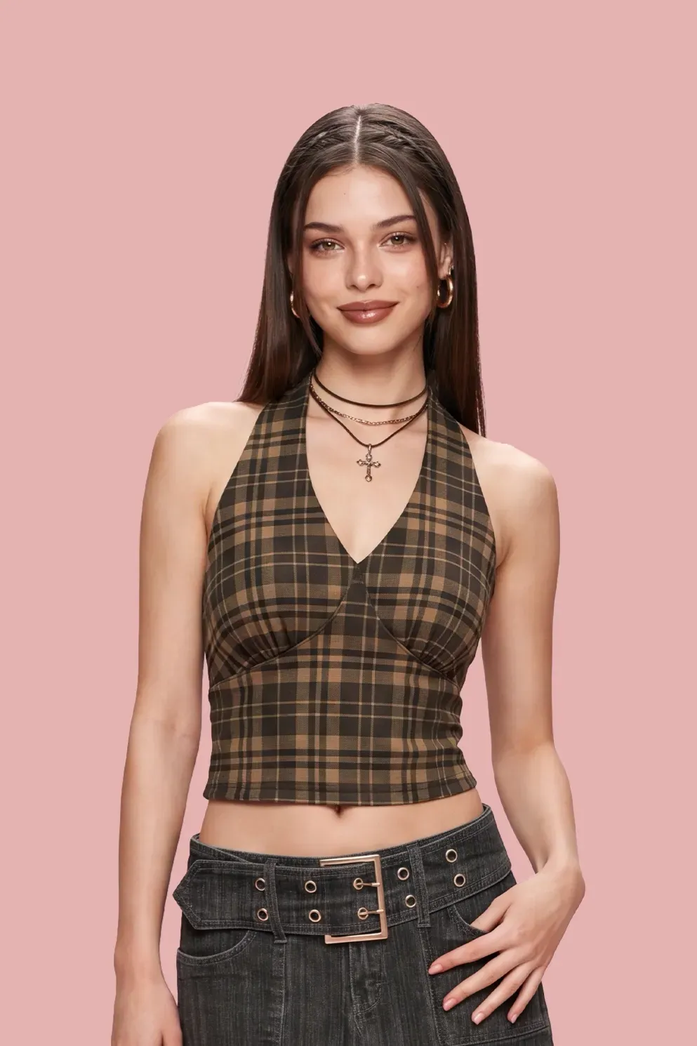 Dark Brown Plaid Lace Crop Top
