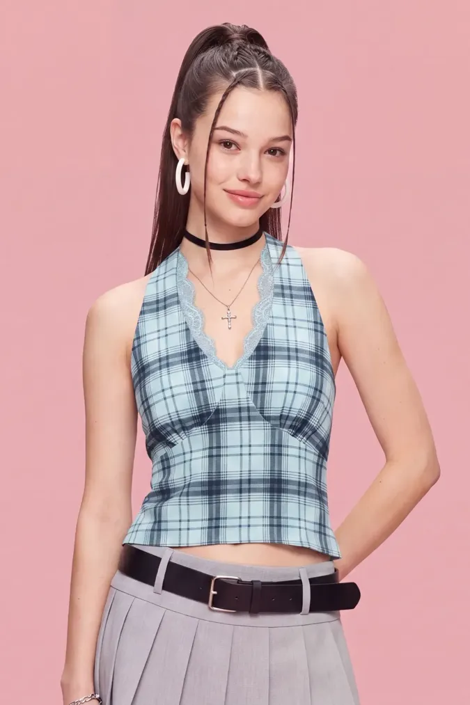 Light Blue Plaid Lace Crop Top - Image 1