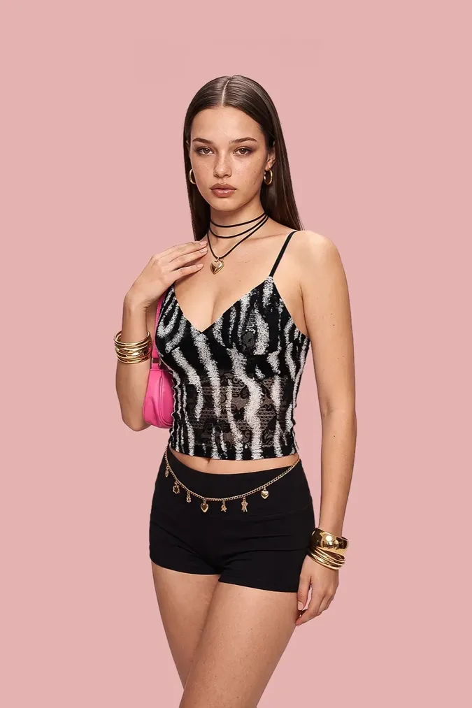 Black Zebra Printed Lace Top - Image 1