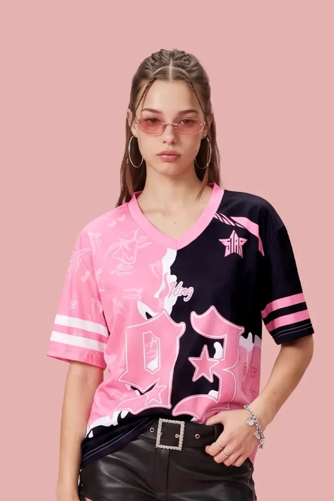 Pink Graphic Oversized V-Neck T-Shirt - Image 1