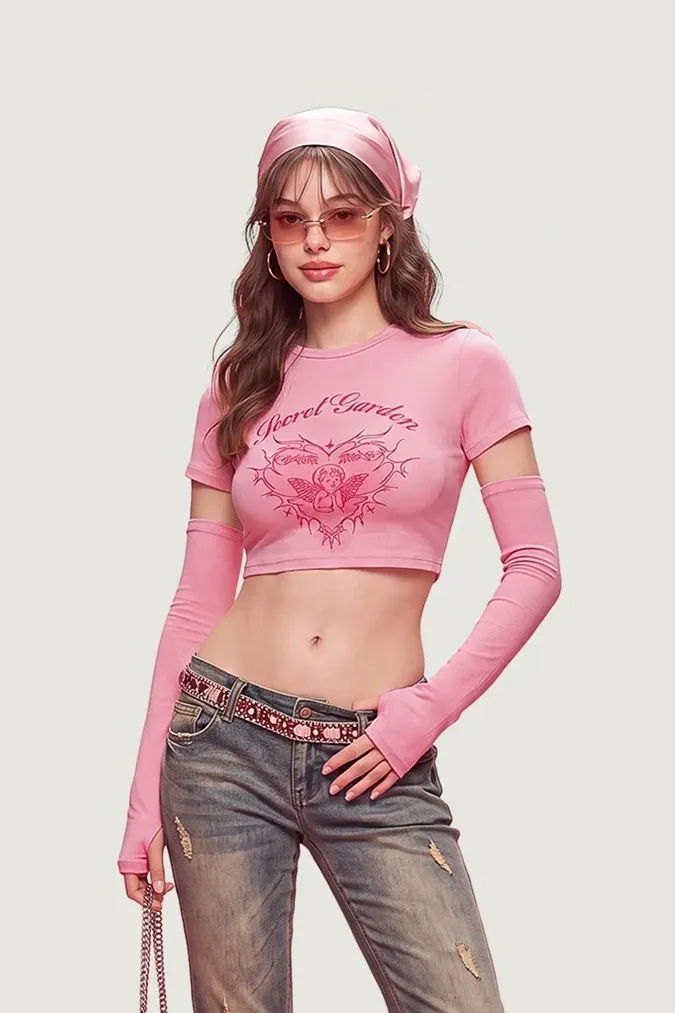 Light Pink Graphic T-Shirt With Gloves - Image 1