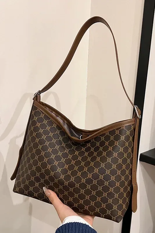 Brown Printed Pu Tote Bag - Image 1