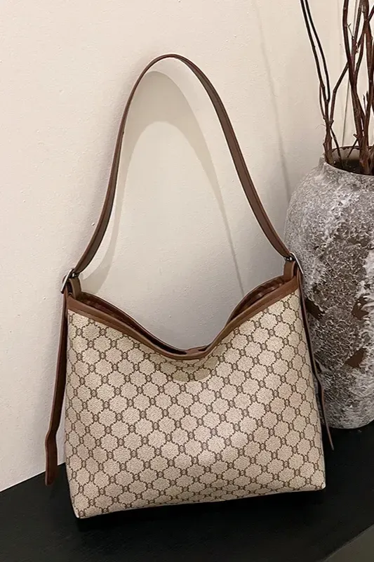 Khaki Printed Pu Tote Bag - Image 1