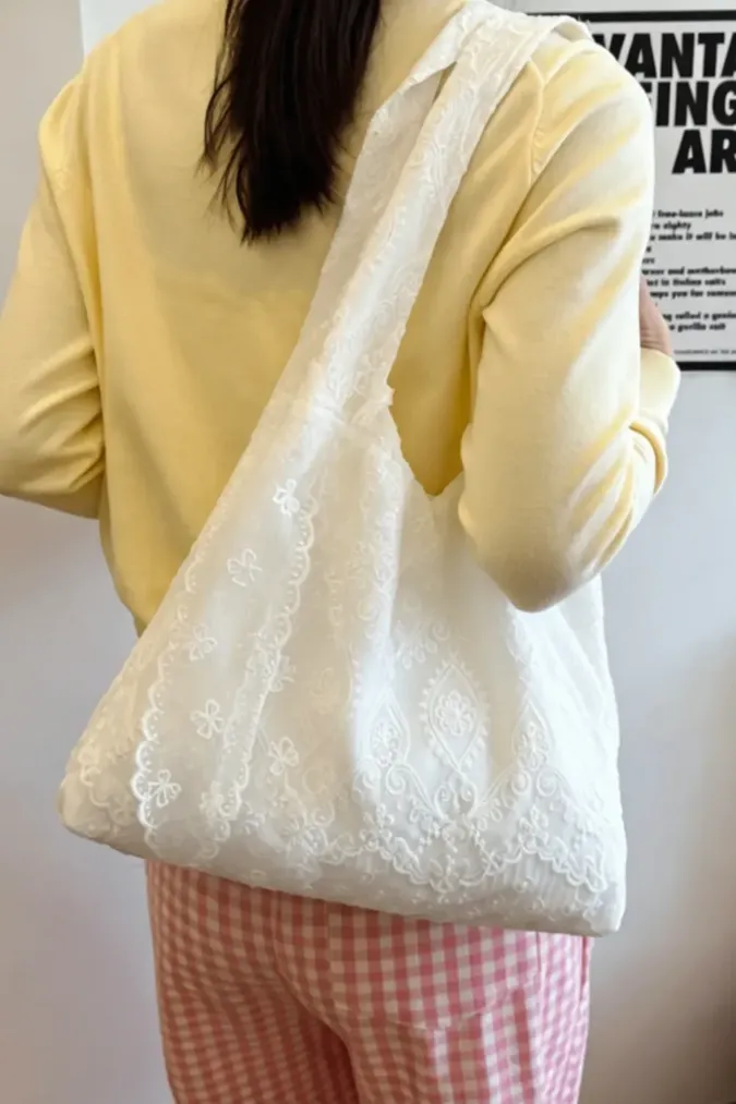 White Lace Embroidered Tote Bag - Image 1
