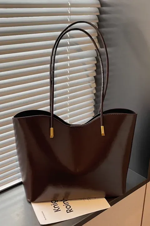 Dark Brown Solid Pu Tote Bag - Image 1