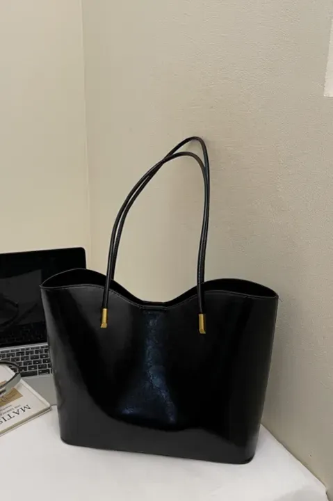 Black Solid Pu Tote Bag - Image 1