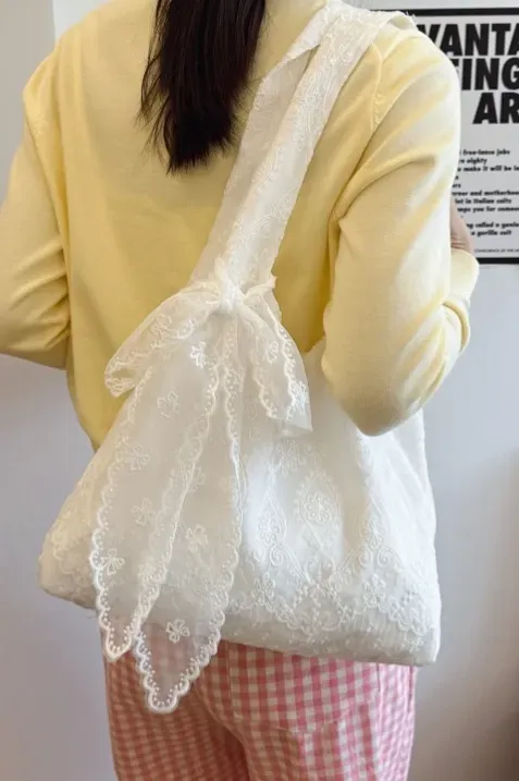White Lace Overlay Tote Bag - Image 1