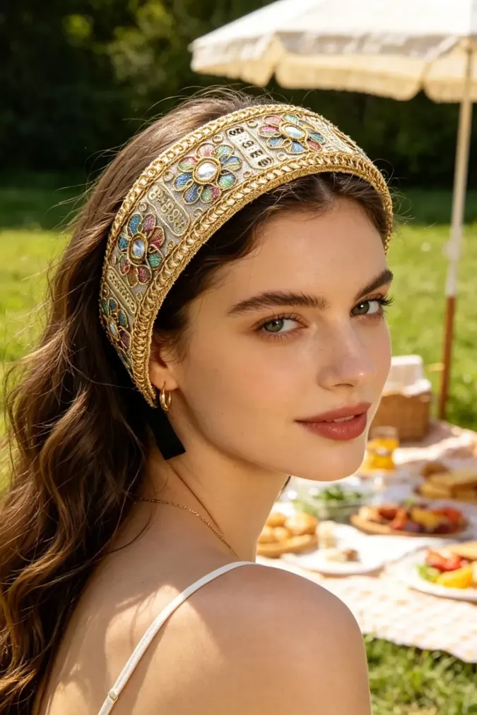 Golden Embroidered Hair Band - Image 1