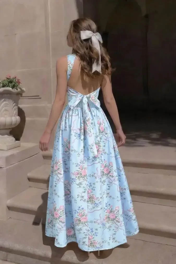 Light Blue Floral Backless Maxi Dress - Image 1
