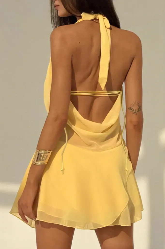 Yellow Solid Halter Mini Dress - Image 1