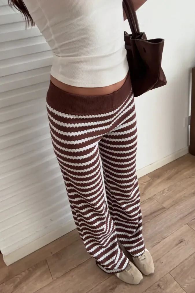 Brown Striped Mid Rise Pants - Image 1