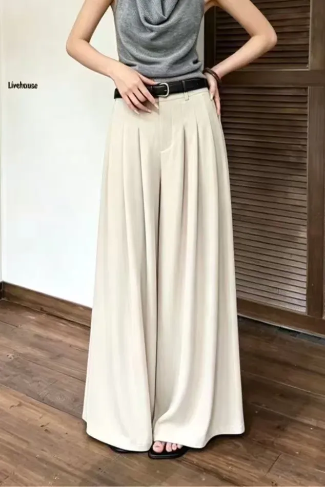 Beige High-Rise Pleated Pants With Belt - Image 1