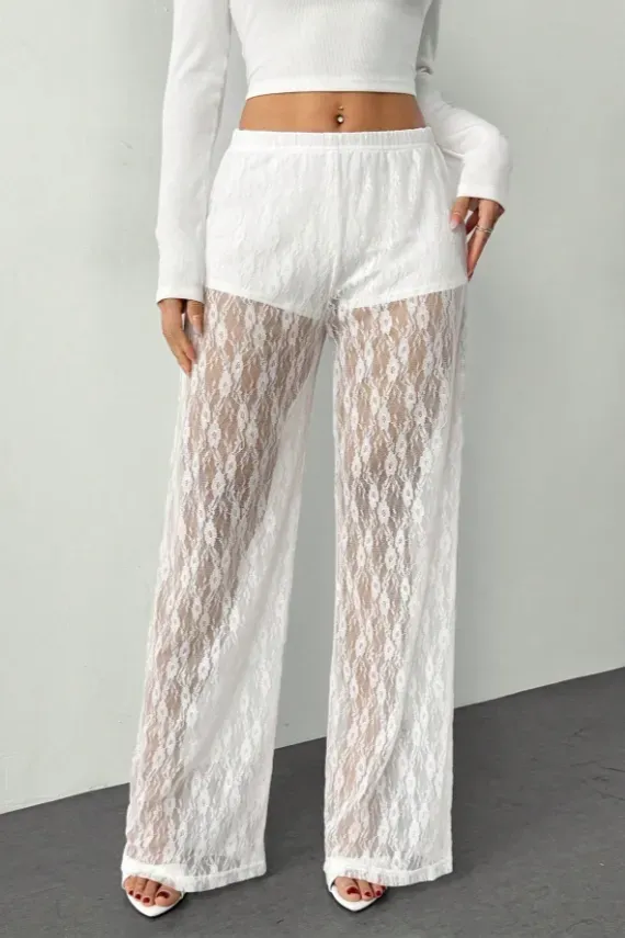 White Solid Lace Overlay Pants - Image 1
