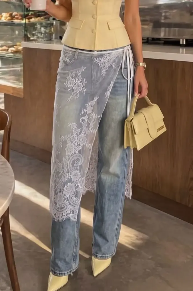 White Solid Lace Wrap Skirt - Image 1