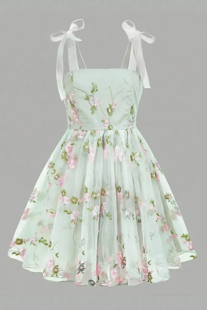 Mint Green Floral Square Mini Dress - Image 1