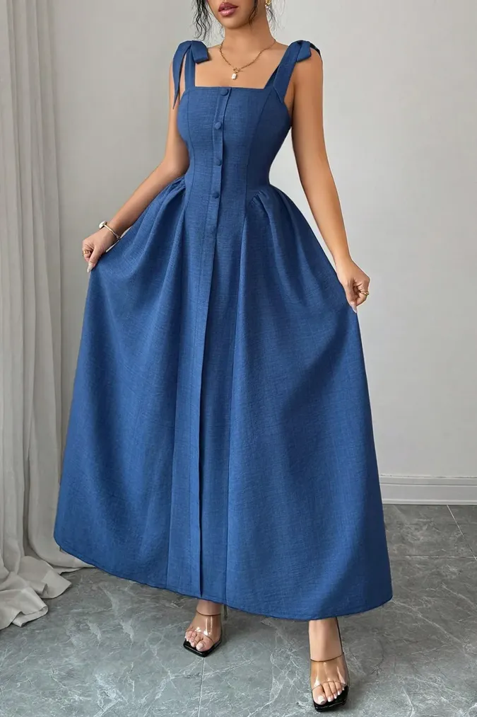Blue Solid Buttoned Maxi Dress - Image 1