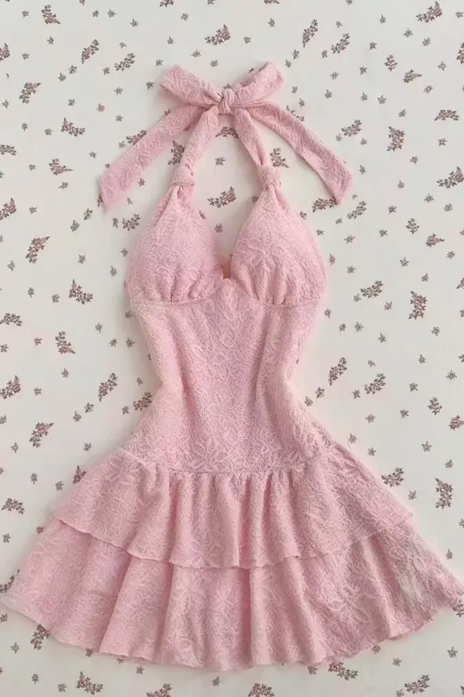 Light Pink Lace Tiered Mini Dress - Image 1