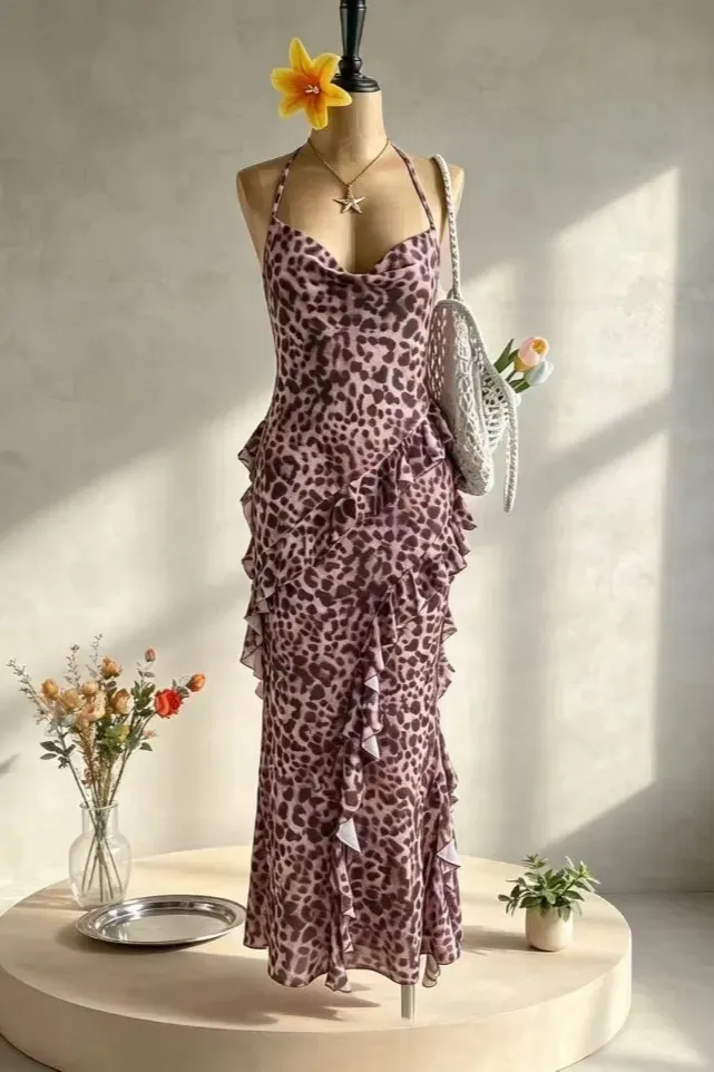 Brown Leopard Print Ruffled Maxi Dress - Image 1