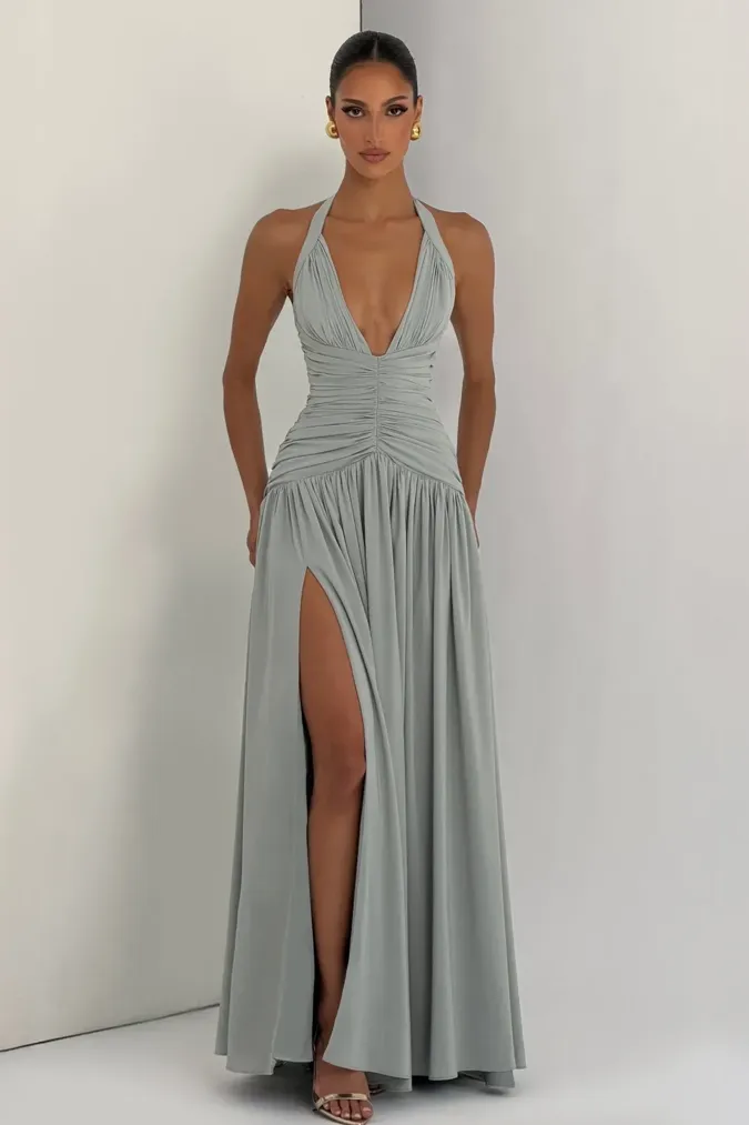Sage Halter Maxi Slit Dress - Image 1