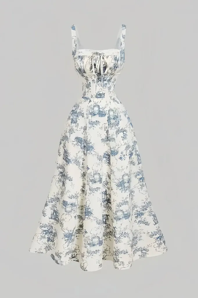 Blue Printed Square Neck Maxi Dress - Image 1