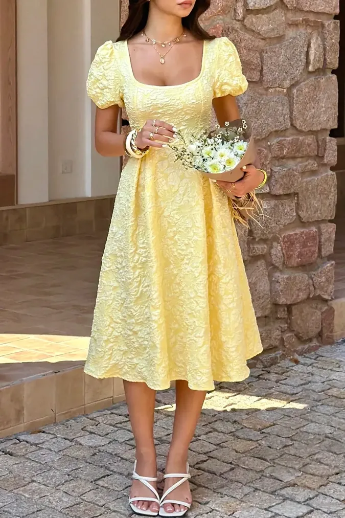 Yellow Floral Square Neck Midi Dress - Image 1