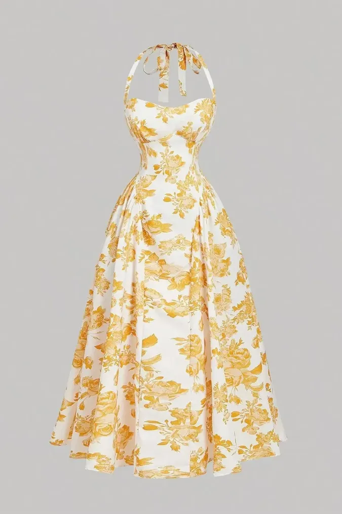 Yellow Floral Halter Maxi Dress - Image 1