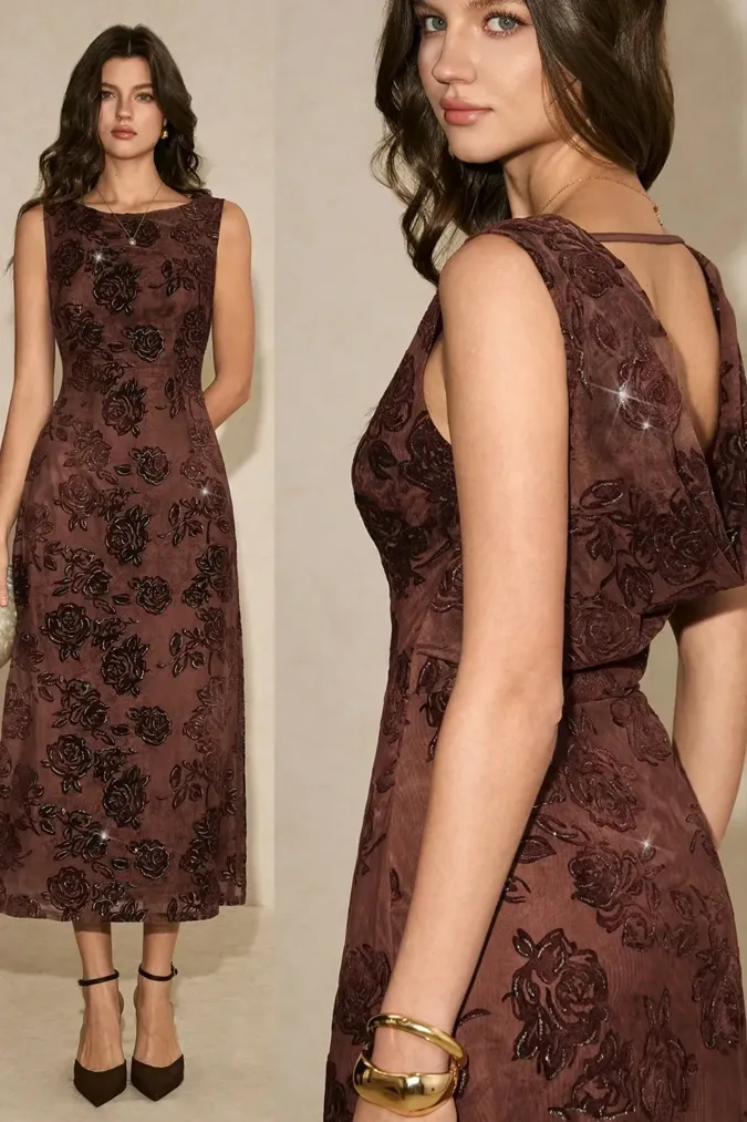 Brown Floral Boat Neck Maxi Dress - Image 1