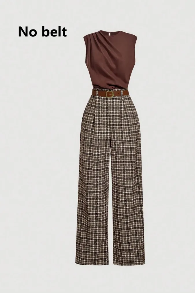 Brown Plaid Ruched Co-Ord Set - Image 1