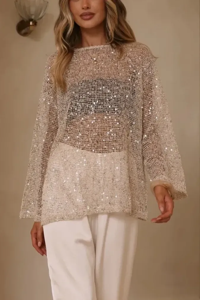 Beige Sequined Crew Neck Top - Image 1