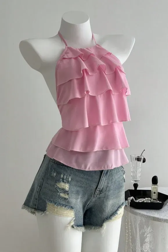 Light Pink Halter Neck Ruffle Top - Image 1