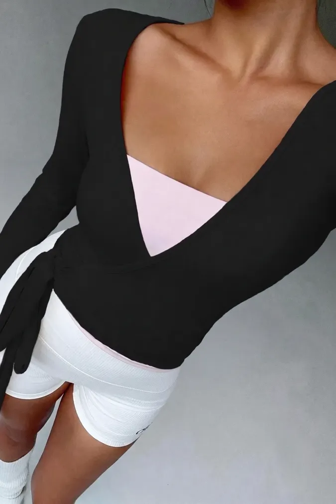 Black Solid Wrap V-Neck Crop - Image 1