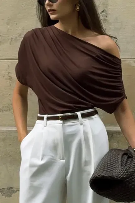 Brown Ruched One Shoulder Top - Image 1