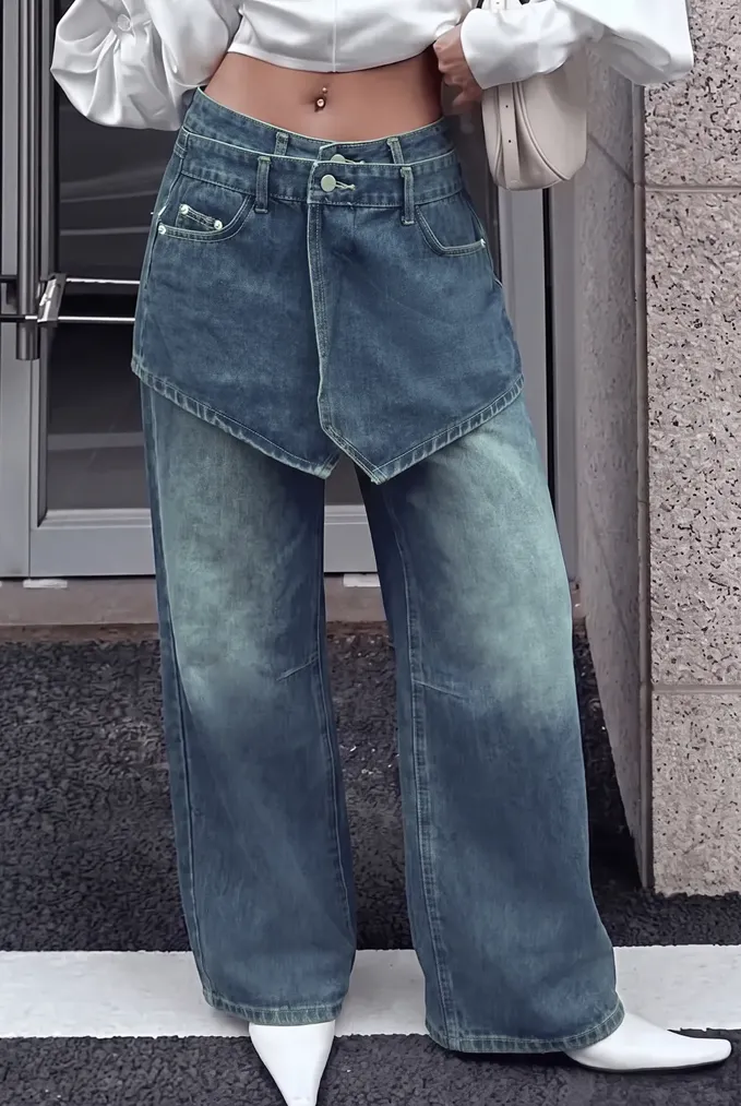 Dark Blue Mid Rise Layered Jeans - Image 1