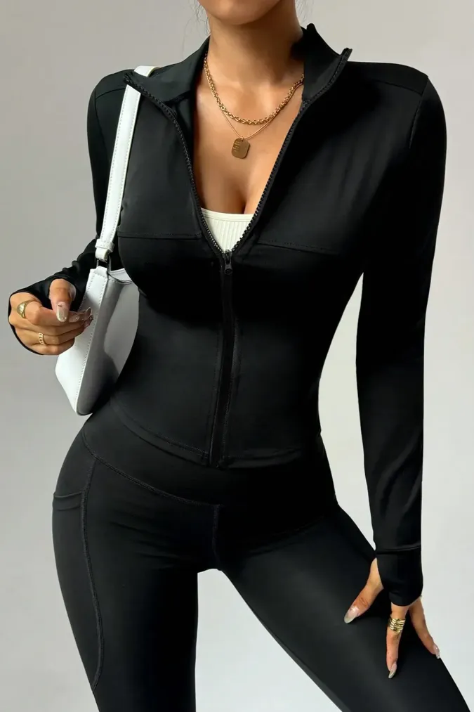Black Solid Zipper Jacket - Image 1