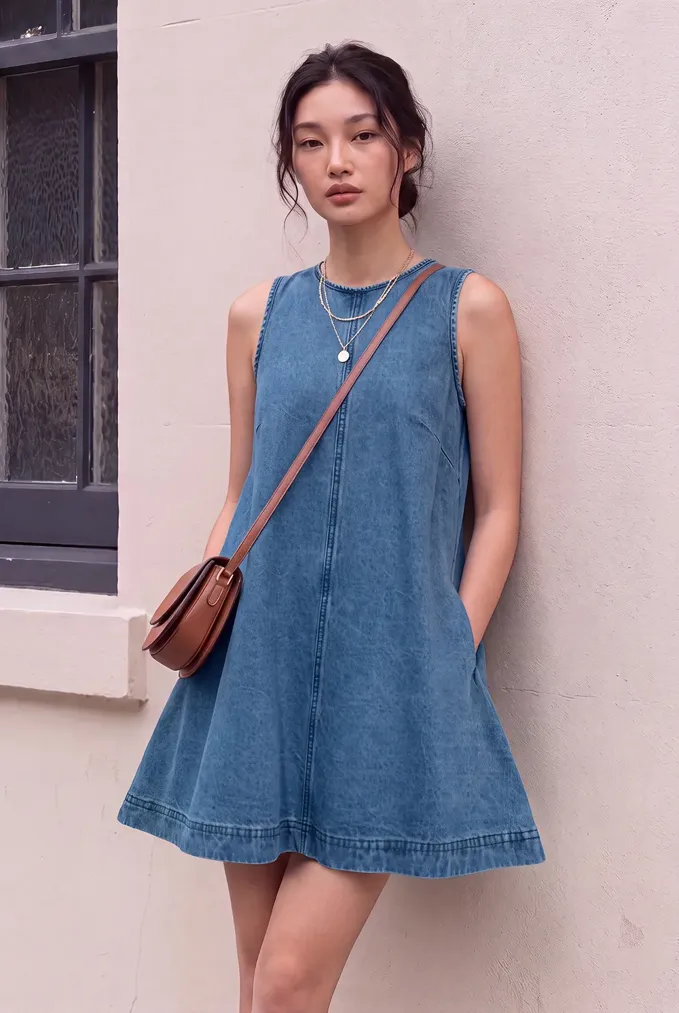 Blue Solid Denim Mini Dress - Image 1