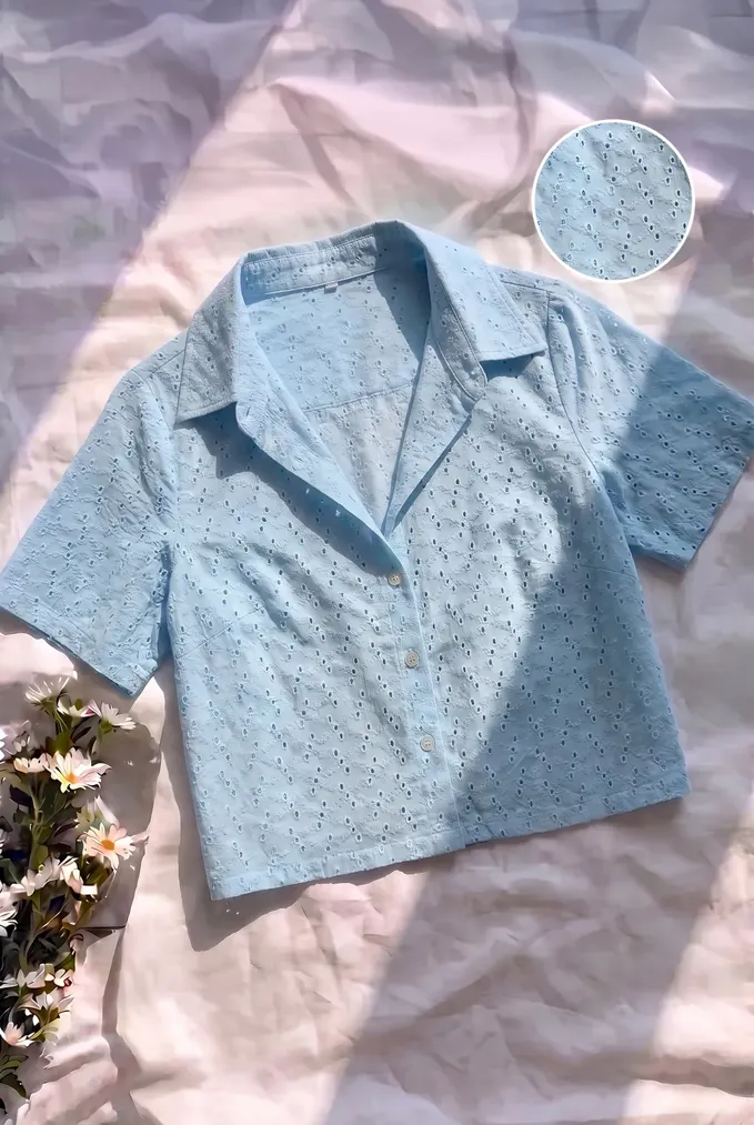 Blue Schiffli Cotton Crop Shirt - Image 1