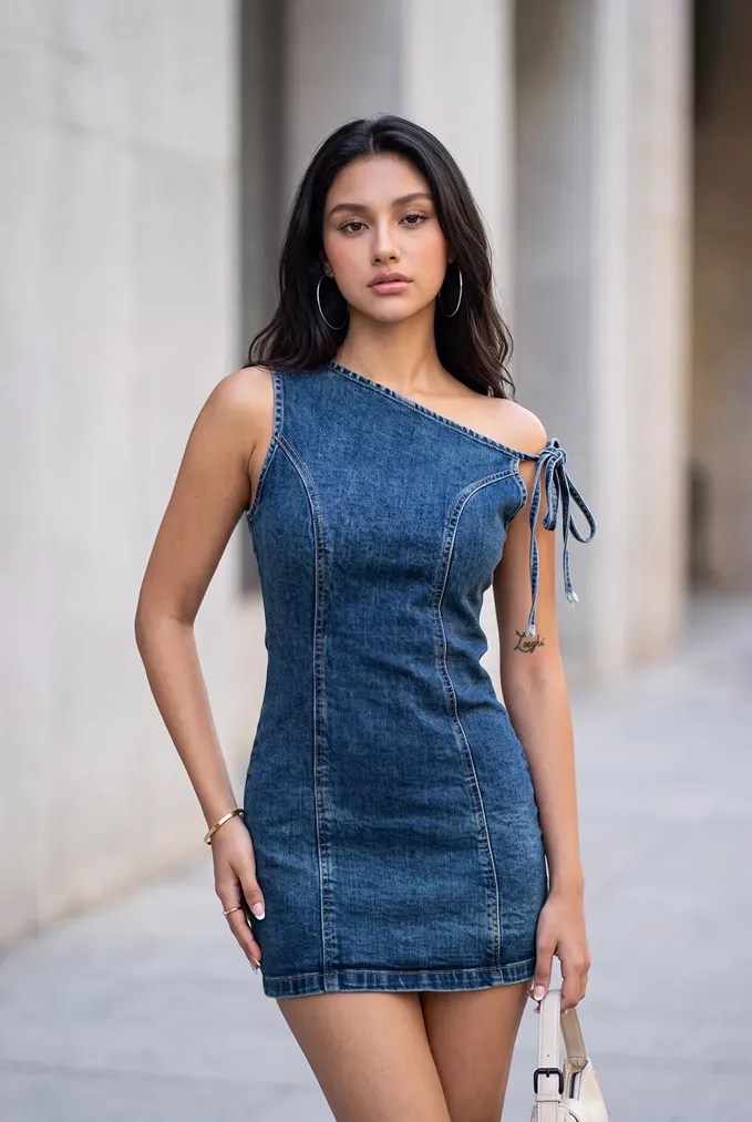 Blue Solid One Shoulder Denim Dress - Image 1
