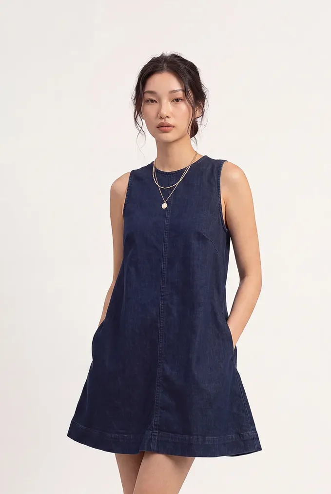 Navy Solid Flared Denim Dress - Image 1