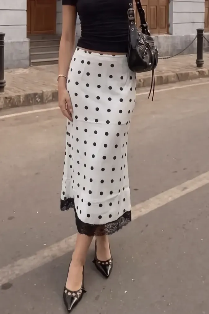 White Polka Dot Lace Midi Skirt - Image 1