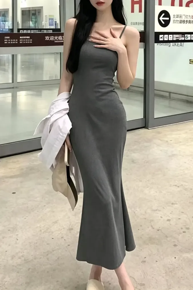 Grey Solid Maxi Dress - Image 1